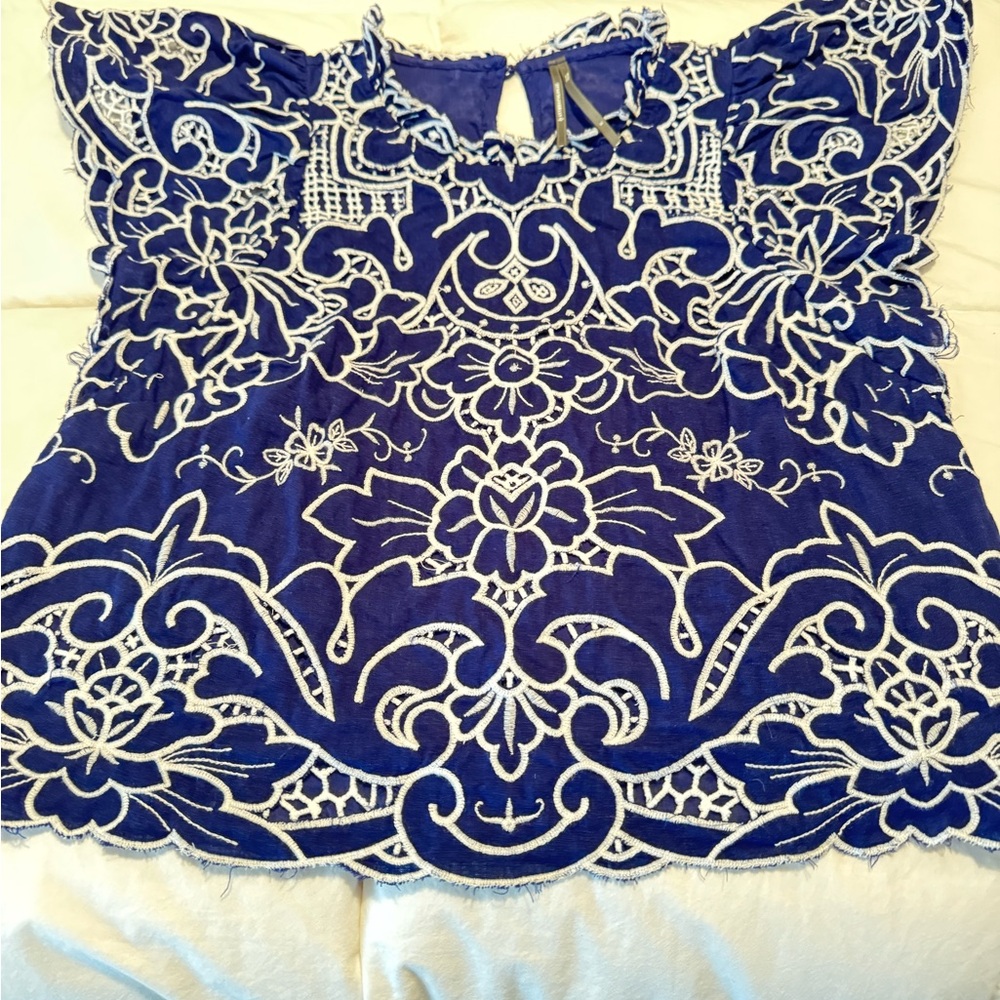 Anthropologie Royal Blue and White Embroidered Blouse - Picture 2 of 5